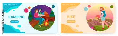 Couple sit next to campfire in forest. Hike and outdoor sport activity vector concept illustration. Girl hiking with backpack in mountains. Web site design template