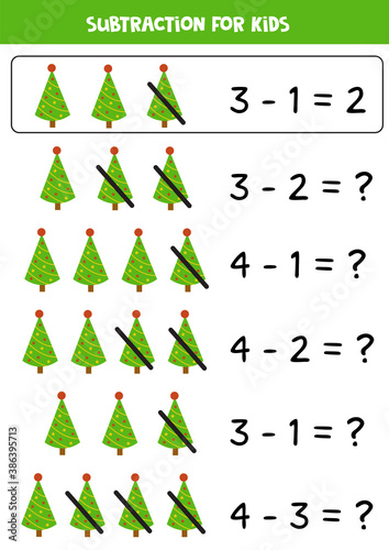Subtraction game for kids. Subtract Christmas trees. Educational math worksheet.