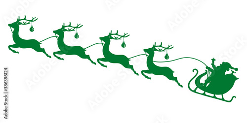 Silhouette Fliegender Schlitten Weihnachtsmann Vier Rentiere Mit Kugeln Dunkelgrün