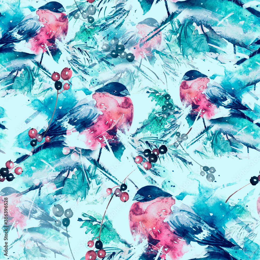 Seamless watercolor pattern with a picture of a bird, bullfinch. A bird on a spruce branch, branch with berry viburnum, mountain ash. Bullfinch in the forest on a branch of spruce, cedar. 