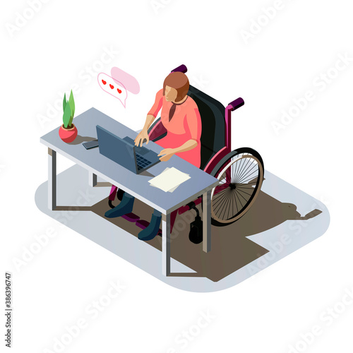 Woman with disability at desk working on a computer. Invalid lady with injury in a wheelchair doing work or communicate online. Handicapped character at workplace, isometric illustration.