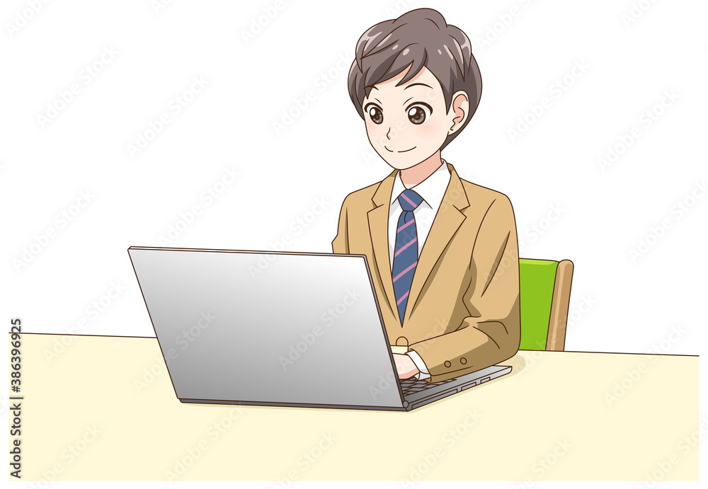 パソコンを操作する制服の男の子 パソコンを操作する制服の男の子