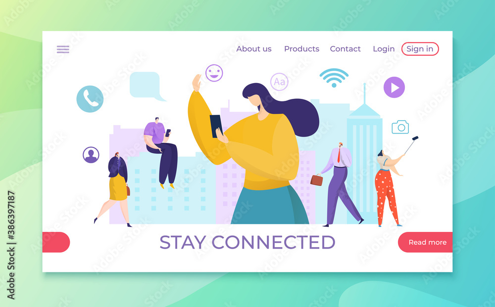 Stay connected at internet media, man woman online in smartphone vector illustration. Cartoon device technology for flat boy girl. Modern gadget network and social media application at background.