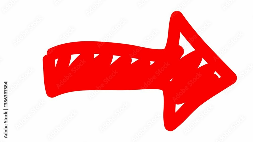 Animated symbol of red arrow. Hand drawn arrow points to the right. Vector illustration isolated on white background.
