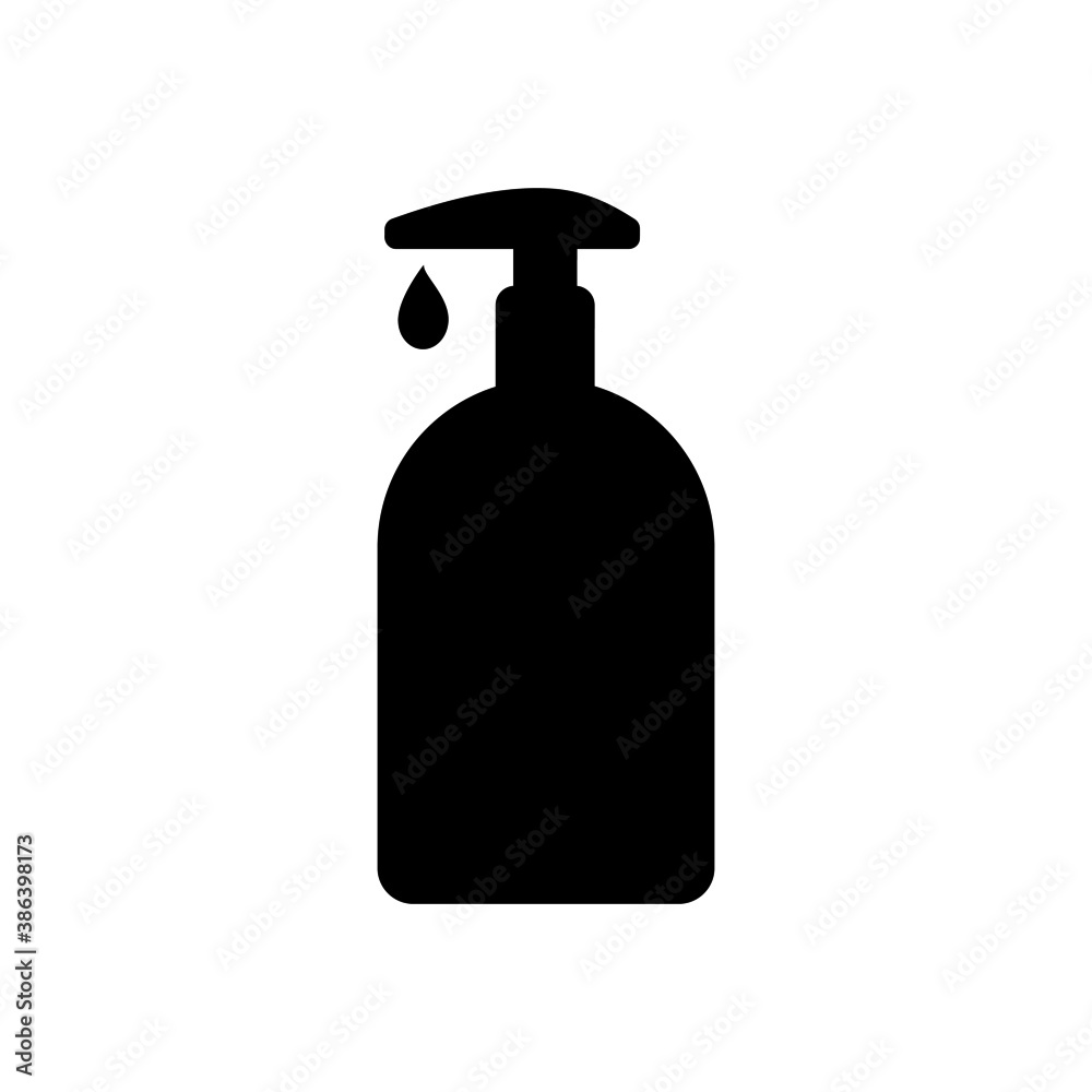 Icon of bottle or container with dispenser of liquid. May represengt sanitizer, disinfectant, antiseptic, soap or cosmetic liquid, cream or lotion. Vector Illustration Icon of bottle or container with dispenser of liquid. May represengt sanitizer, disinfectant, antiseptic, soap or cosmetic liquid, cream or lotion. Vector Illustration