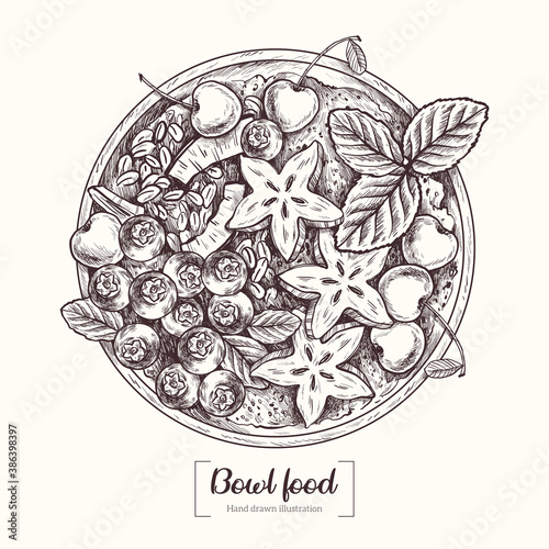 Bowl food. Plate with berries and fruits, healthy breakfast, superfood. Healthy recipe. Acai bowl. Vector Hand Drawn. Sketch Illustration. Porridge, flakes, mint, carambola, cherry, blueberry, coconut