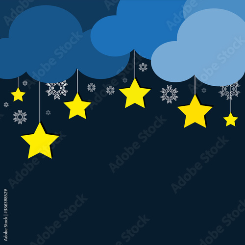 Christmas night sky and stars with snowflakes blue background. 