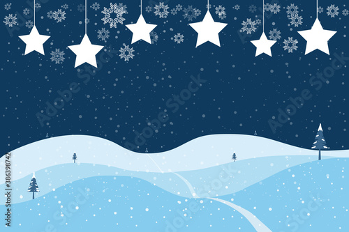 Christmas night sky and stars with snowflakes blue background. 