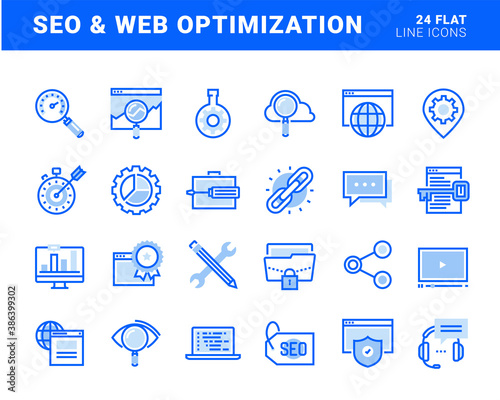Set of flat line icons of seo and web optimization. Vector concepts for website and app design and development.