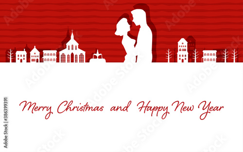 抱きあう男女と街並みの切り絵風イラスト