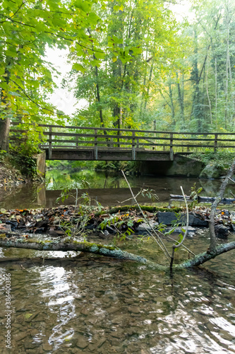 Little dam infront of an old bridge over a little creek or forest brook with a big branch in the water and rocks with autumn foliage as idyllic scenery on a hiking tour in the wilderness in clean air