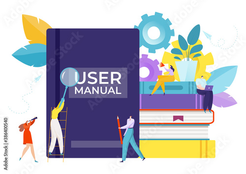 Guide for user manual book, vector illustration. Information instruction at flat service, guidance tutorial in cartoon document. Guidebook help and support man woman character concept.