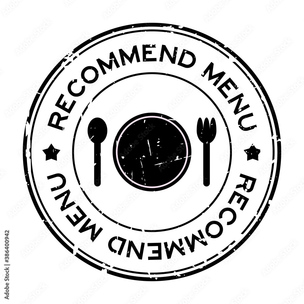 Grunge black recommended menu word with dish, spoon and fork icon rubber seal stamp on white background
