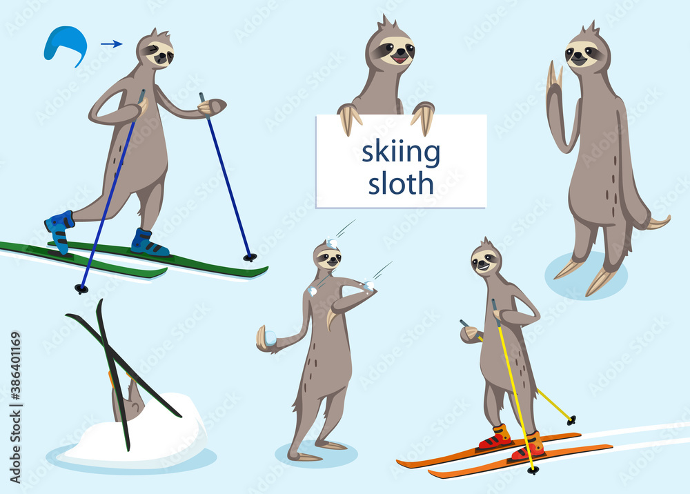 Fototapeta premium Cute sloth skiing winter snow illustration cartoon character