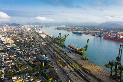 Fototapeta Naklejka Na Ścianę i Meble -  Santos city in Sao Paulo, Brazil, port in the background, seen from above