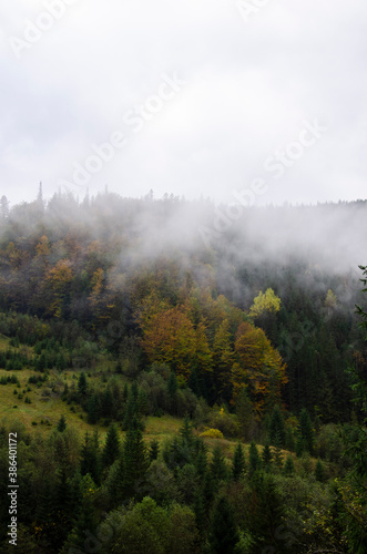 Autumn landscape in the mountains with a fog. Carpathian Mountains, Ukraine.