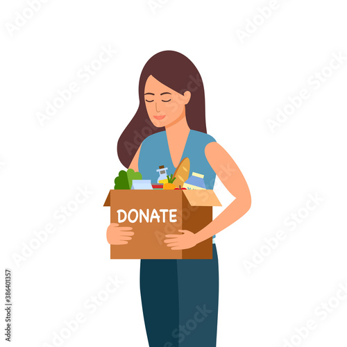 Sharing food to people. Food donation concept. Woman holding box full of food in flat design vector illustration on white background. Time for charity.	