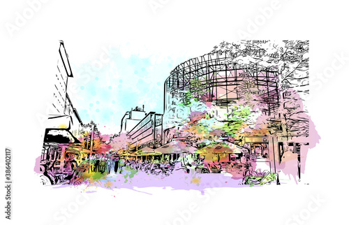 Building view with landmark of Bochum is a city in western Germany. Watercolor splash with hand drawn sketch illustration in vector. photo