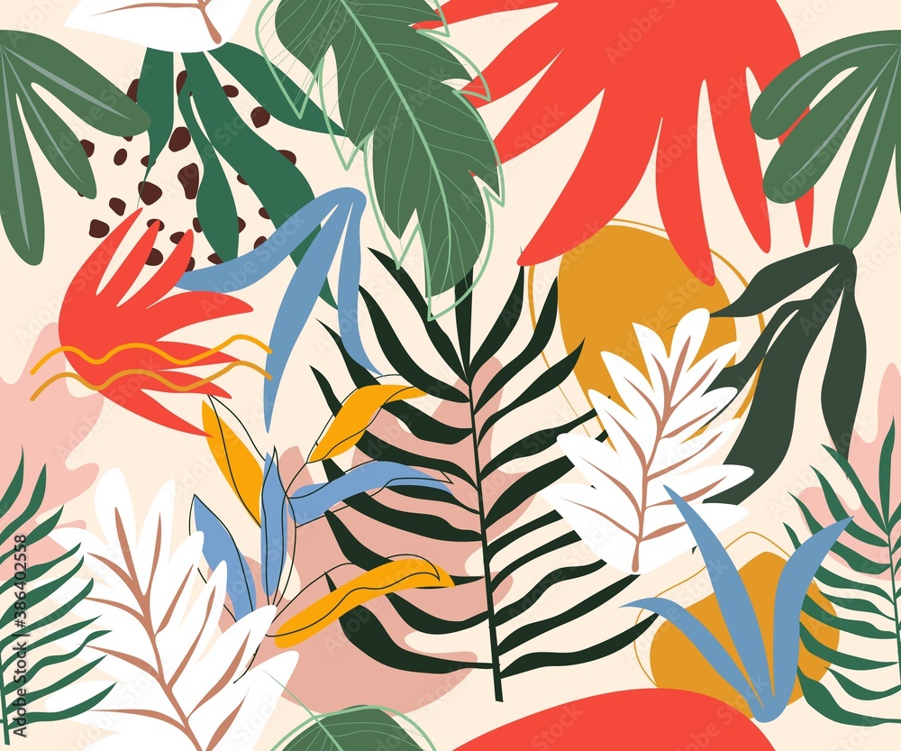 Abstract Modern Colorful Tropical Exotic Leaves Seamless Pattern ...