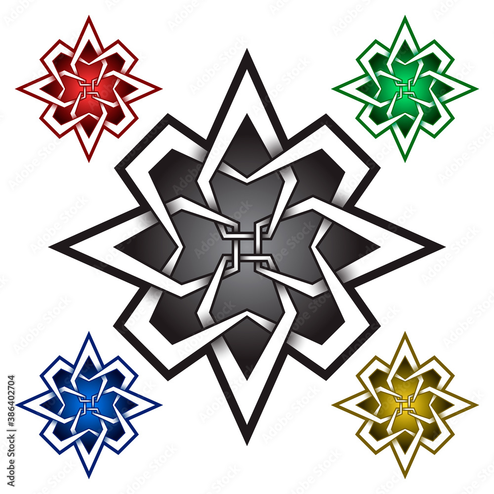 Four pointed star symbol in Celtic style. Tribal tattoo symbol. Silver stamp for jewelry design and samples of red, green, blue and golden colors.