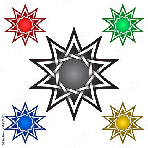 Ten pointed star logo template in Celtic style. Tribal tattoo symbol. Silver stamp for jewelry design and samples of red  green  blue and golden colors.