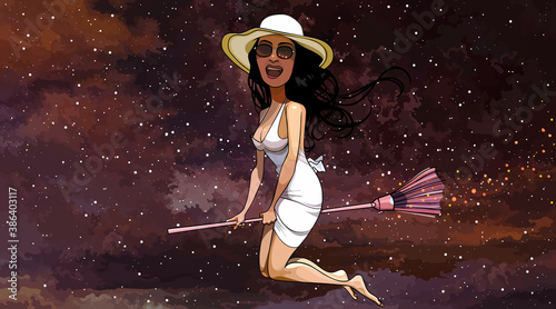 cartoon cheerful woman flies astride a broomstick against the background of the starry sky