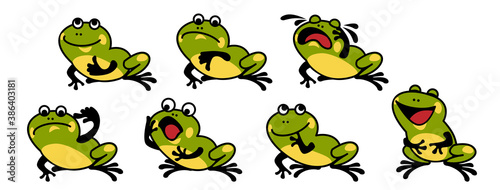 A cute little frog, sad, cheerful, smiling, thinking, laughing. shows hand sign fool, like, dislike