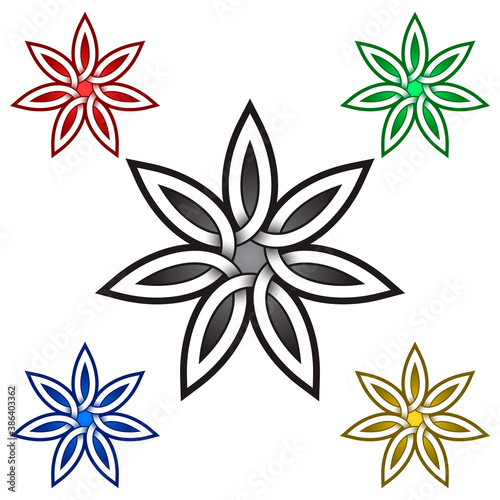 Seven petals flower logo template in Celtic style. Tribal tattoo symbol. Silver stamp for jewelry design and samples of red  green  blue and golden colors.