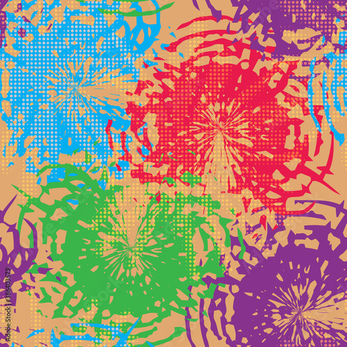 Abstract grunge seamless chaotic pattern with blots and dots. Trendy colorful texture background. Modern wallpaper. Fashionable print with a shabby paint effect.