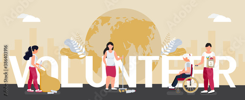 Volunteer concept vector. Social workers taking care about seniors. Social assistant, welfare worker help elderly people walk, ride wheelchair