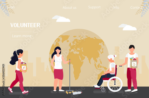 Volunteer concept vector. Social workers taking care about seniors. Social assistant, welfare worker help elderly people walk, ride wheelchair