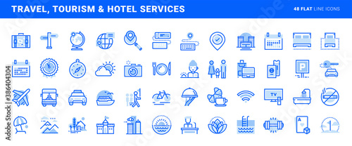Set of flat line icons of travel, tourism and hotel services. Vector concepts for website and app design and development.