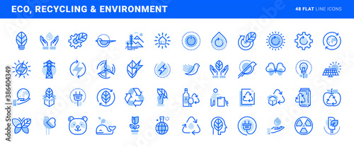 Set of flat line icons of environment, green technology, renewable energy, recycling. Vector concepts for website and app design and development.