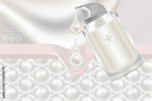 Beauty product ad design, white cosmetic container with collagen solution advertising background ready to use, luxury skin care banner, illustration vector.