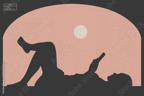 Girl with mobile phone. Woman lying. Vector silhouette
