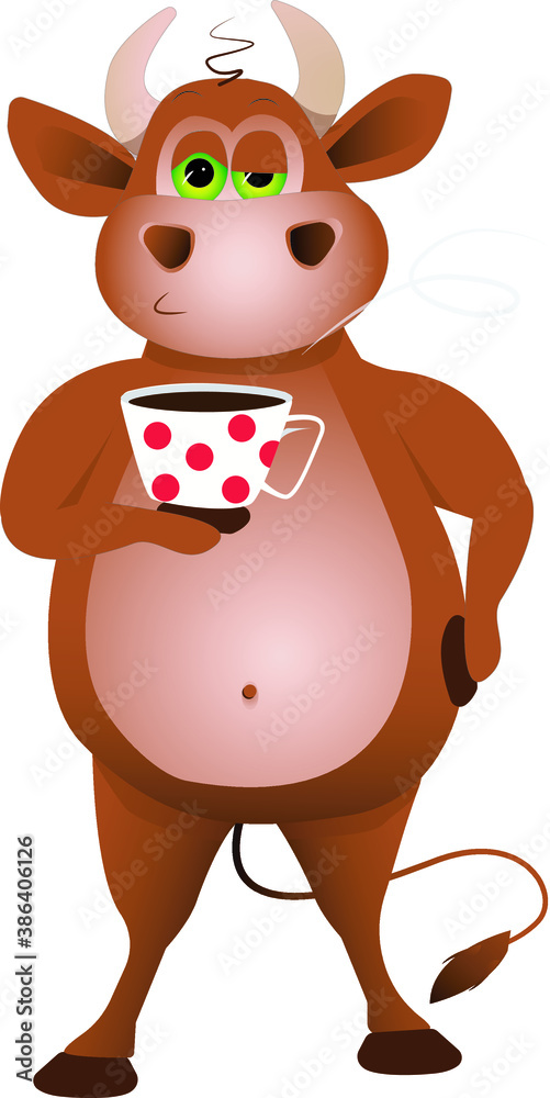 Бычок пьет кофе или чай