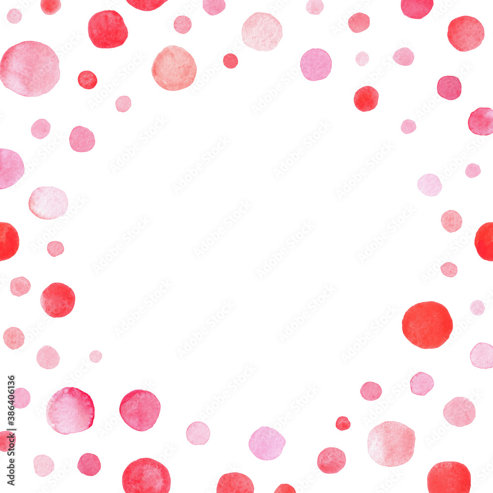 Frame with abstract red and pink colors blobs and shapes, isolated on light background, watercolor Illustration