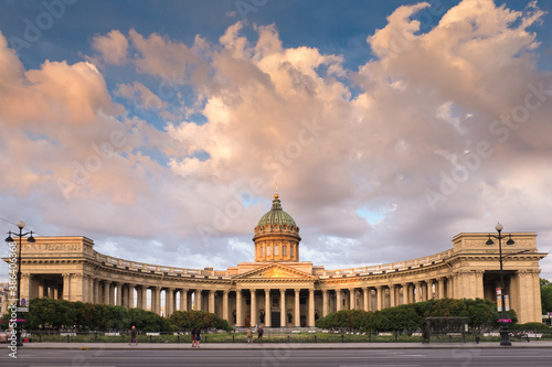 Kazan Cathedral in St. Petersburg at sunrise with beautiful sky
