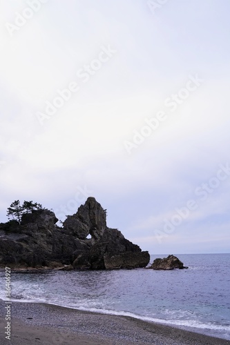 Rock with hole called "Window rock" at Noto peninsula, Ishikawa Japan.