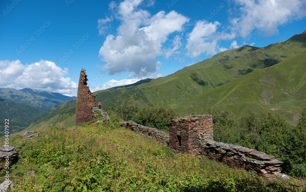Ruins of upper Chazhash Castle on a mountain above the Svan community of Ushguli, the UNESCO World Heritage Site and one of the highest inhabited settlements in Europe, Svaneti, Georgia.