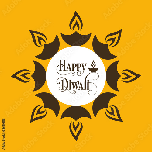 Happy Diwali greeting card with intricate calligraphy and illuminated Diwali lamp.