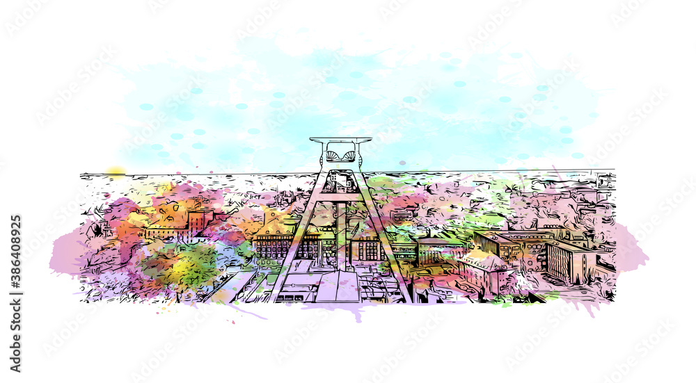 Building view with landmark of Bochum is a city in western Germany. Watercolor splash with hand drawn sketch illustration in vector.