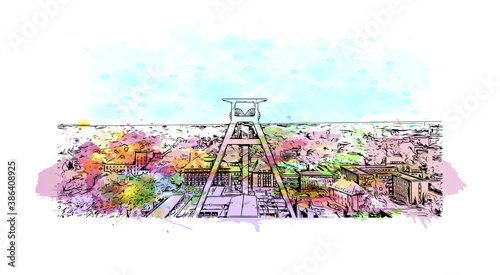 Obraz na płótnie Building view with landmark of Bochum is a city in western Germany. Watercolor splash with hand drawn sketch illustration in vector. w salonie