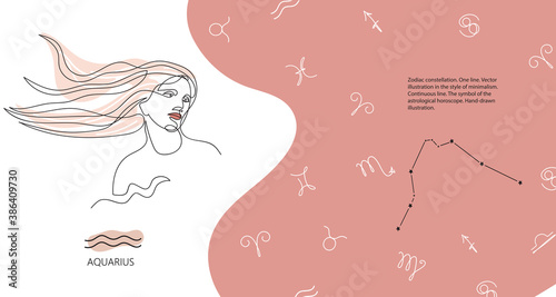 Zodiac background. Aquarius constellation. The element of water. Horizontal banner.
