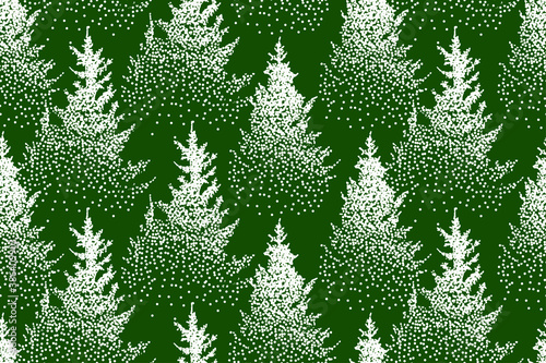Winter Seamless Pattern with Fir Trees and Pines in Snow. Coniferous Forest. Christmas Decoration. Vector illustration