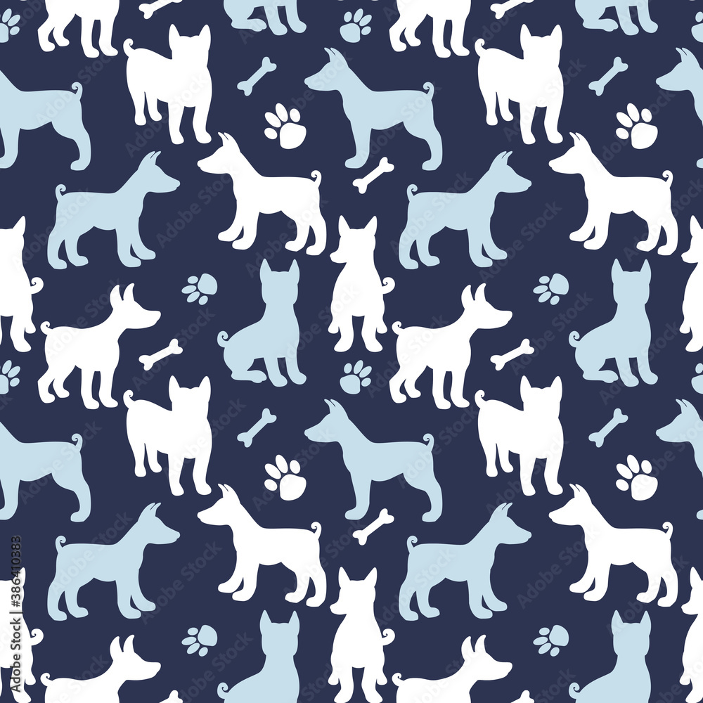 Dog silhouette seamless pattern. Winter animal design surface texture about dogs. Vector illustration shape on dark blue background. Repeat template