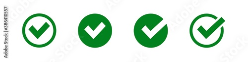 Check mark set green icon in flat. Vector tick yes sign
