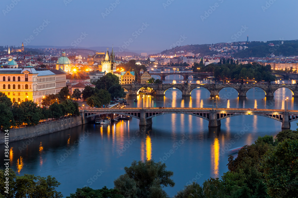 Fototapeta premium Prague night panorama overlooking the bridges, Czech Republic
