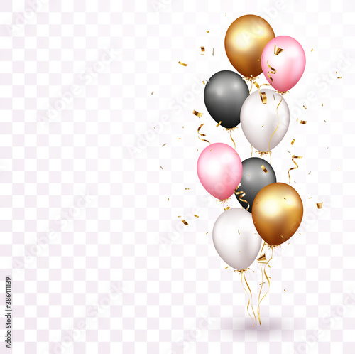 Celebration banner with gold confetti and balloons