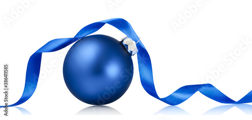 Blue christmas bauble with ribbon isolated over white background.